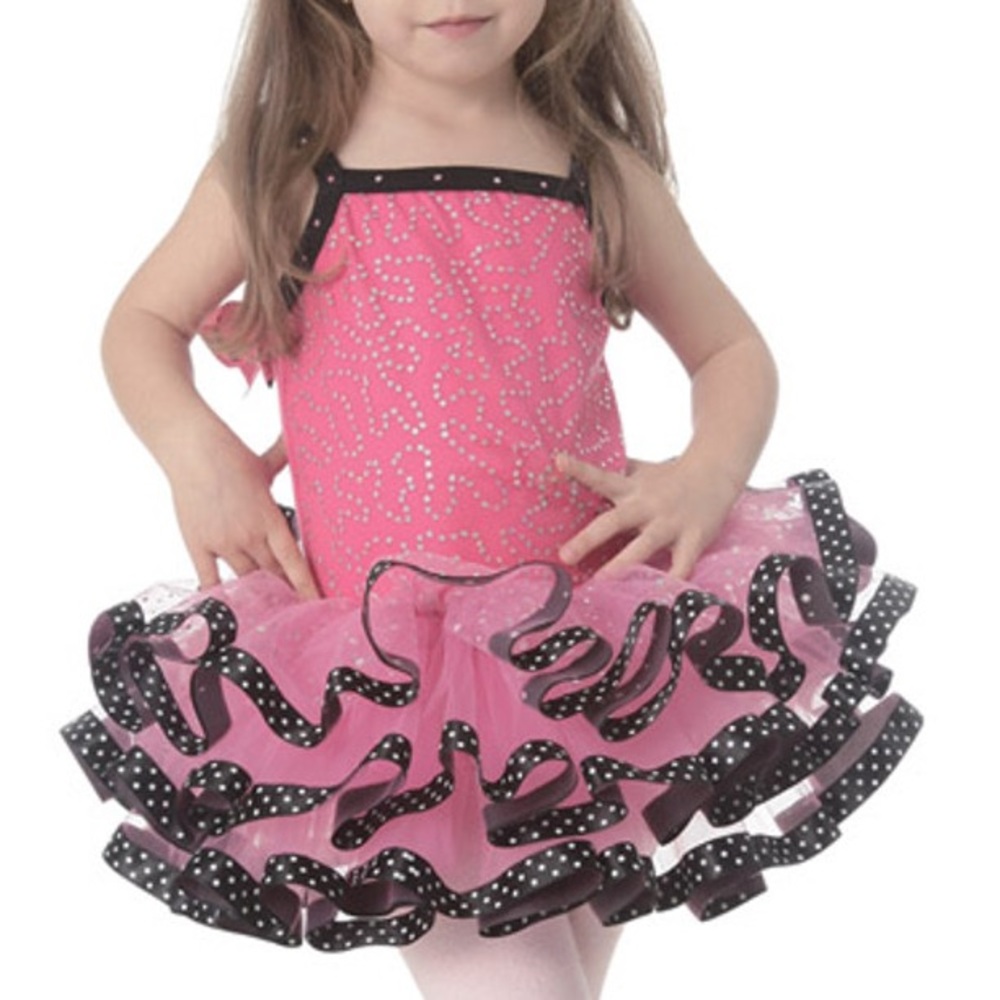 POPATU Hot Pink Dance Dress w/Black Polka Dot Ribbon S